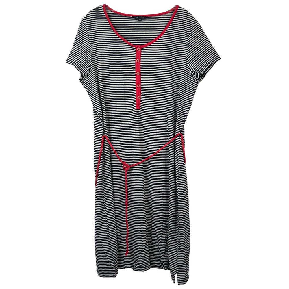 Lands End Womens XL 18 Striped Henley T-Shirt Dress Navy White Red Rope Belt